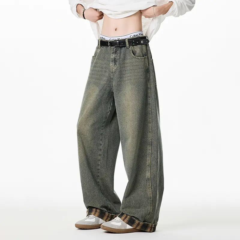 IEFB Summer Men's Jeans Spliced Plaid Straight Leg Long Denim Pants Semi-elastic waistband Split Design New Fashion 9W3466