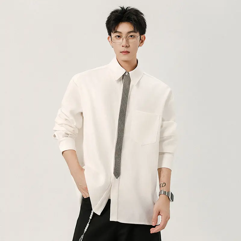 IEFB Niche Design Men's Shirts Turn-down Collar Solid Color Fake Tie Pocket Contrast Color Long Sleeved Loose Male Tops 9W4220