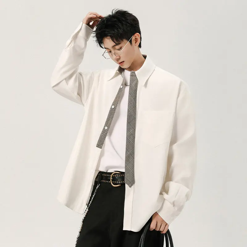 IEFB Niche Design Men's Shirts Turn-down Collar Solid Color Fake Tie Pocket Contrast Color Long Sleeved Loose Male Tops 9W4220