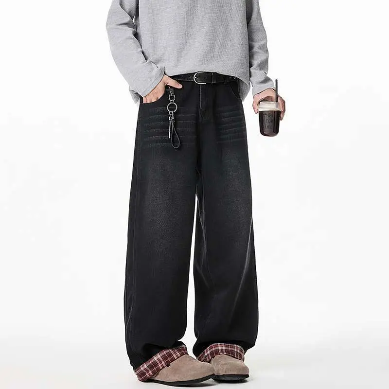 IEFB Summer Men's Jeans Spliced Plaid Straight Leg Long Denim Pants Semi-elastic waistband Split Design New Fashion 9W3466