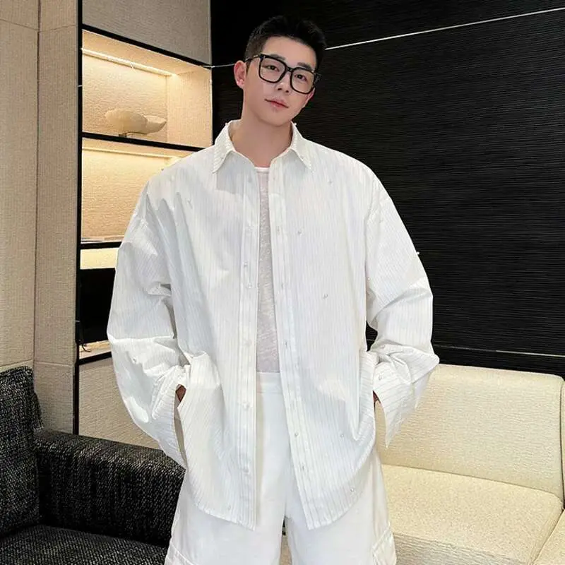 IEFB Simple Men's Shirts Turn-down Collar Paerl Beading Design Niche Long Sleeved Casual Single Breasted Male Tops New 9W1079