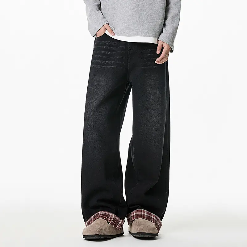 IEFB Summer Men's Jeans Spliced Plaid Straight Leg Long Denim Pants Semi-elastic waistband Split Design New Fashion 9W3466