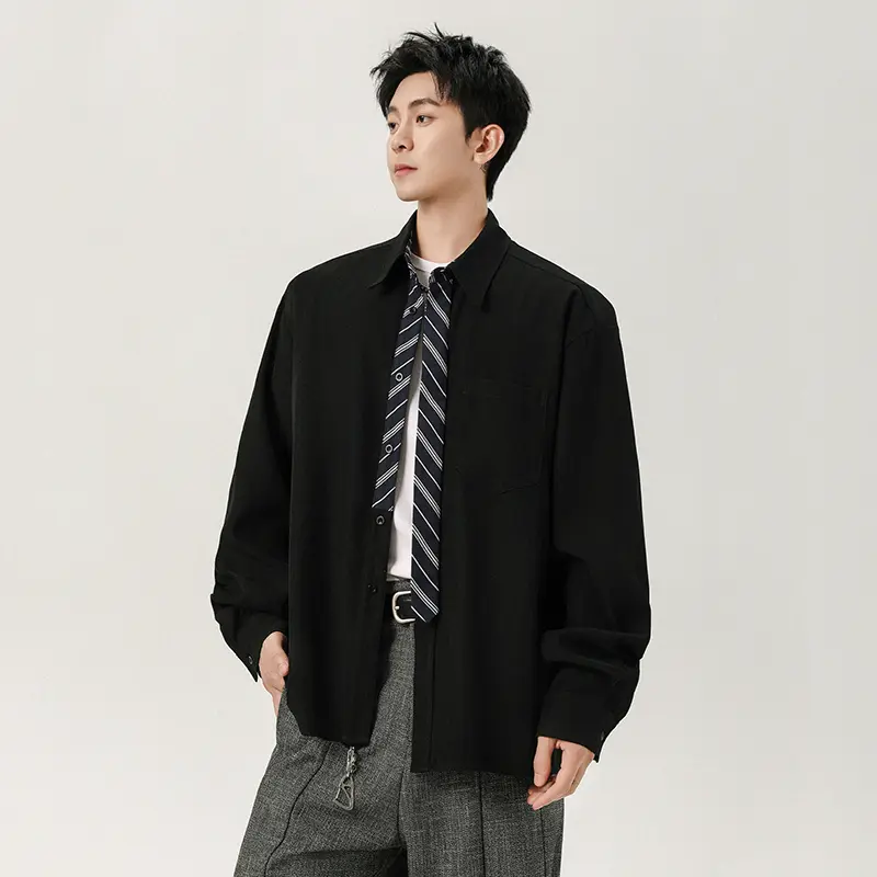 IEFB Niche Design Men's Shirts Turn-down Collar Solid Color Fake Tie Pocket Contrast Color Long Sleeved Loose Male Tops 9W4220