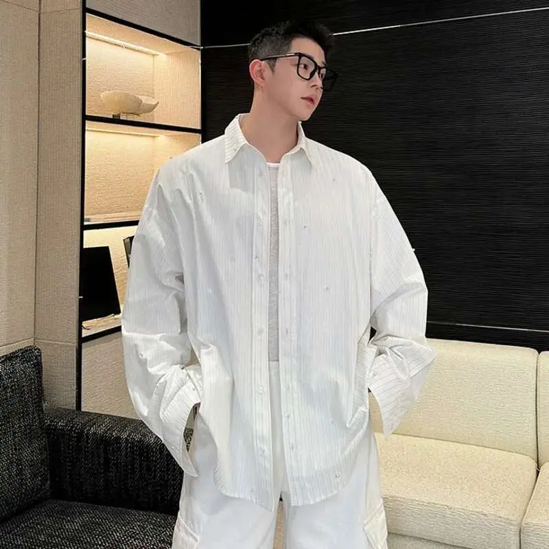 IEFB Simple Men's Shirts Turn-down Collar Paerl Beading Design Niche Long Sleeved Casual Single Breasted Male Tops New 9W1079
