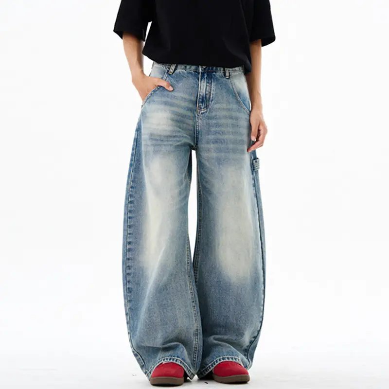 IEFB Moustache Effect Men's Denim Pants Washing New Summer Wide Leg Curved Knife Trousers Loose Solid Color Male Jeans 9W3238