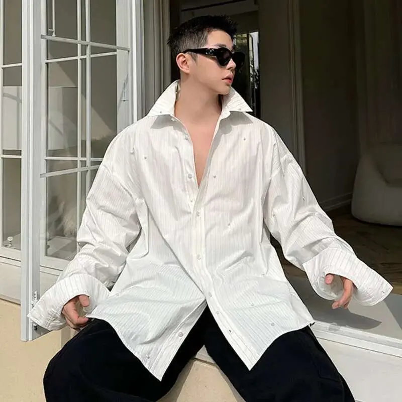 IEFB Simple Men's Shirts Turn-down Collar Paerl Beading Design Niche Long Sleeved Casual Single Breasted Male Tops New 9W1079