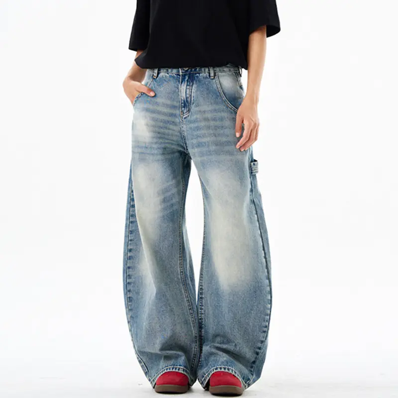 IEFB Moustache Effect Men's Denim Pants Washing New Summer Wide Leg Curved Knife Trousers Loose Solid Color Male Jeans 9W3238