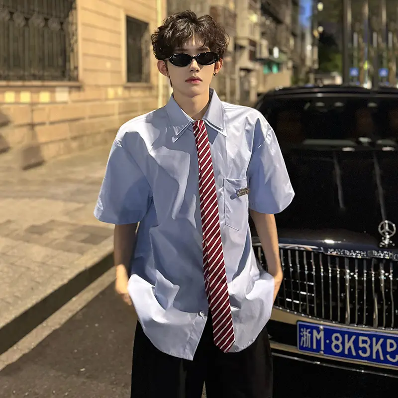 IEFB Tie Design Men's Shirts Contrast Color Patchwork Metal Solid Color Casual Short Sleeved Single Breasted Male Tops 9W3411