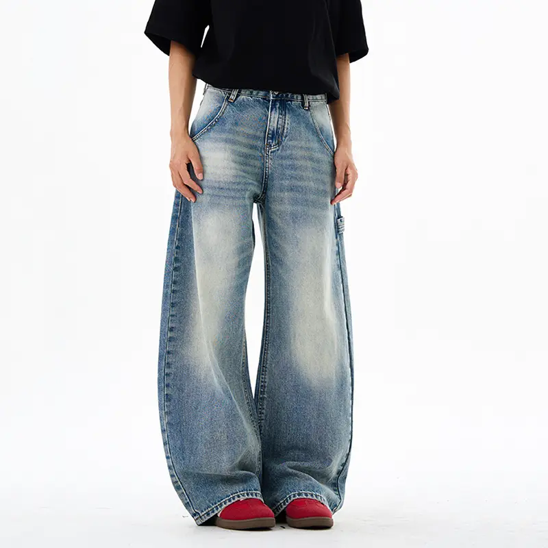 IEFB Moustache Effect Men's Denim Pants Washing New Summer Wide Leg Curved Knife Trousers Loose Solid Color Male Jeans 9W3238