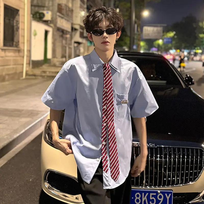 IEFB Tie Design Men's Shirts Contrast Color Patchwork Metal Solid Color Casual Short Sleeved Single Breasted Male Tops 9W3411