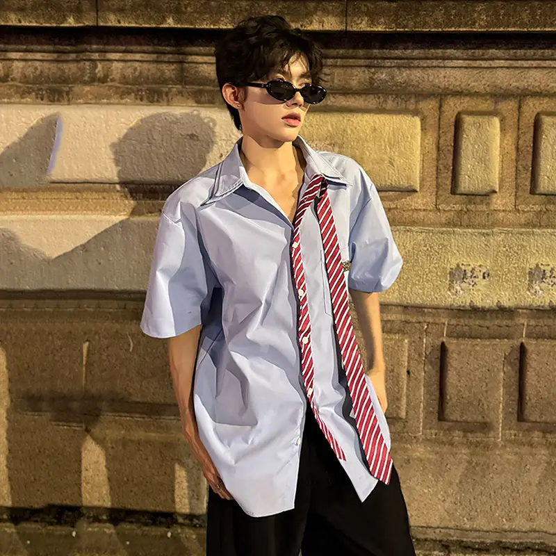IEFB Tie Design Men's Shirts Contrast Color Patchwork Metal Solid Color Casual Short Sleeved Single Breasted Male Tops 9W3411