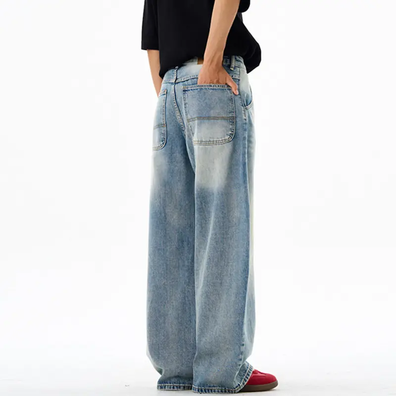 IEFB Moustache Effect Men's Denim Pants Washing New Summer Wide Leg Curved Knife Trousers Loose Solid Color Male Jeans 9W3238