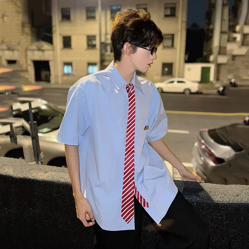 IEFB Tie Design Men's Shirts Contrast Color Patchwork Metal Solid Color Casual Short Sleeved Single Breasted Male Tops 9W3411