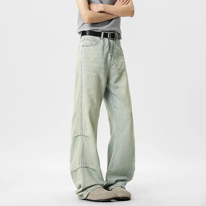 IEFB New Summer Men's Jeans Washing Mud Dying Solid Color Cleanfit Pants Casual Wide Leg Loose Male Denim Trousers Chic 9W3404