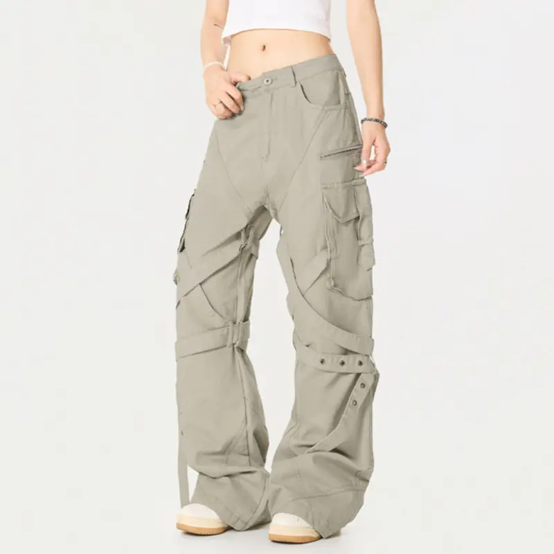 IEFB Ribbon Design Men's Cargo Pants Solid Color Zipper Patchwork Pockets Loose Bottom Straight Leg Loose Male Trousers 9W2675