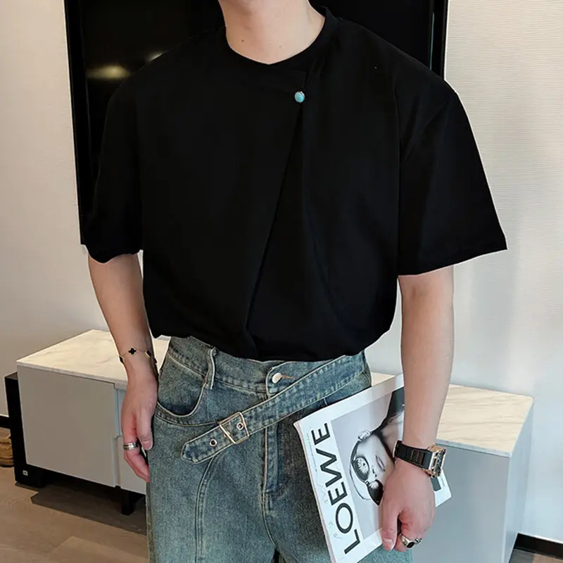 IEFB Round Collar Men's T-shirts Korean Style Pleated Design Short Sleeved Tops Loose Pullover Male Simple Tees Summer 9W2399