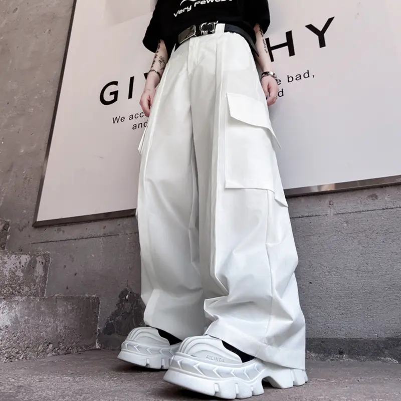 IEFB New American Men's Cargo Pants Loose Straight Wide Leg Trendy Solid Color Multi Pockets Stylish Male Bottoms Summer 9W2013