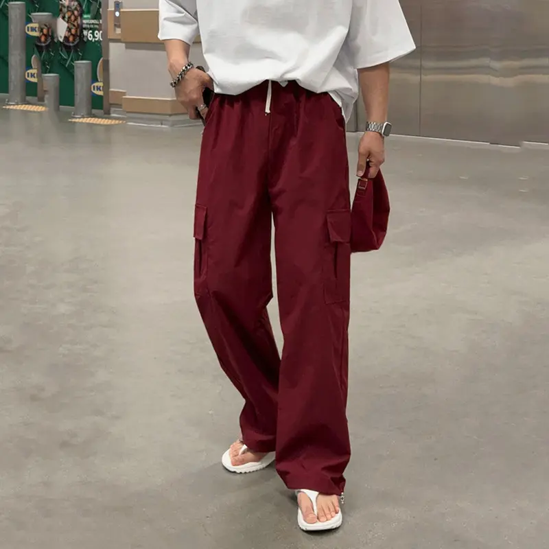 IEFB New Trendy Men's Cargo Pants Drawstring Side Pockets Solid Color Casual Straight Loose Wide Leg Male Trousers Simple 9W2509