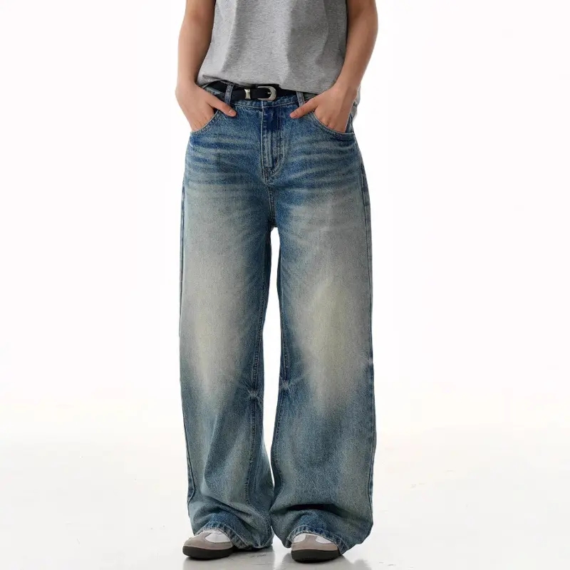 IEFB Moustache Effect Men's Denim Pants Washing Gradient Color Casual American Bottom Cleanfit Summer Male Wide Leg Jeans 9W2970