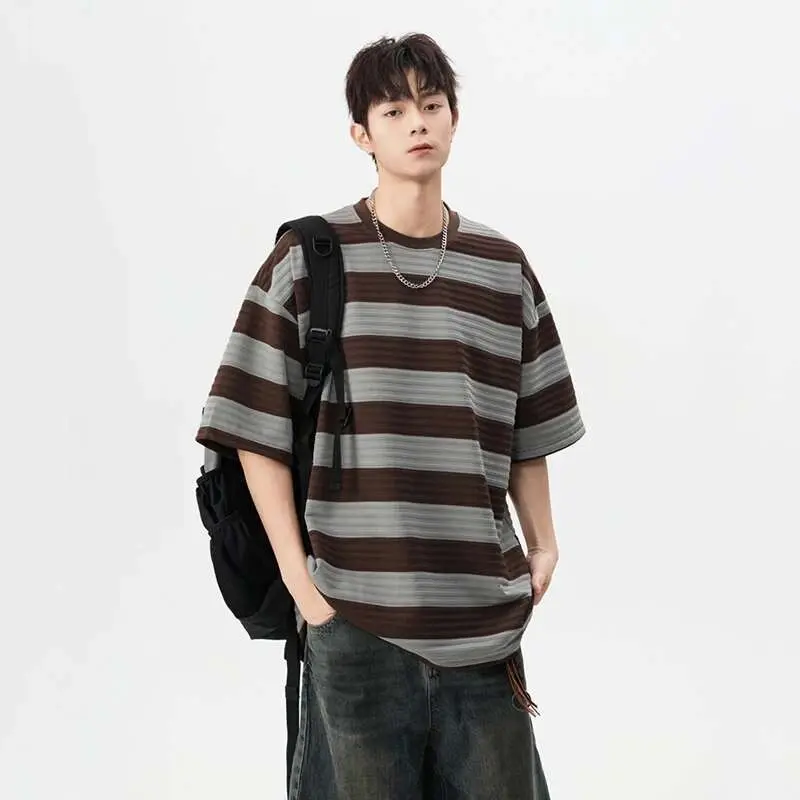 IEFB Striped Male Short Sleeve T-shirts New Summer Round Neck Design Pullover Fanshion Stylish Men's Loose Clothing 9W1667