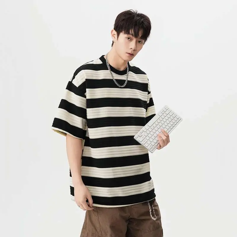 IEFB Striped Male Short Sleeve T-shirts New Summer Round Neck Design Pullover Fanshion Stylish Men's Loose Clothing 9W1667