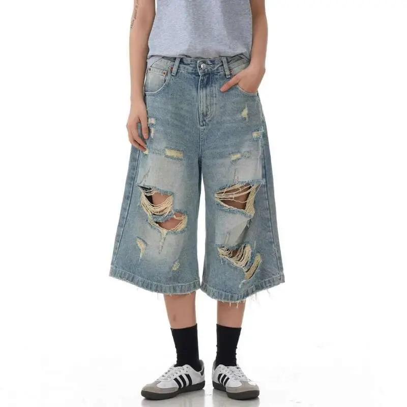 IEFB High Street Men's Denim Shorts Holes Design Solid Color Washing Bottom Straight Wide Leg Loose Male Jeans Summer 9W2255