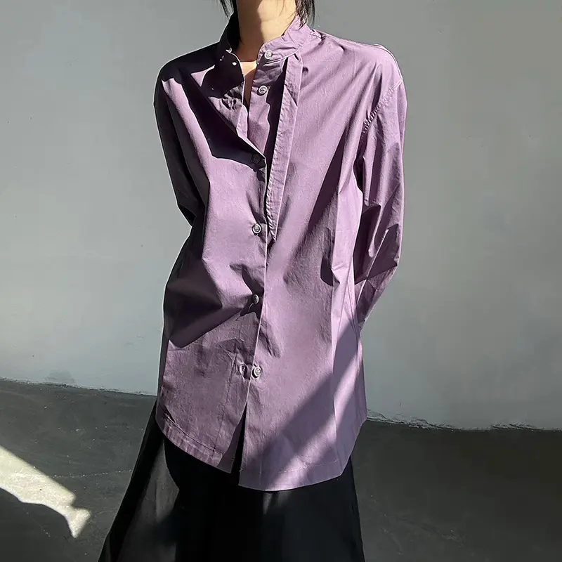 IEFB Fashion Men's Shirt Stand Collar Solid Color Ribbon Design Single Breasted Long Sleeve Loose Male Sun-proof Clothing 9W2952