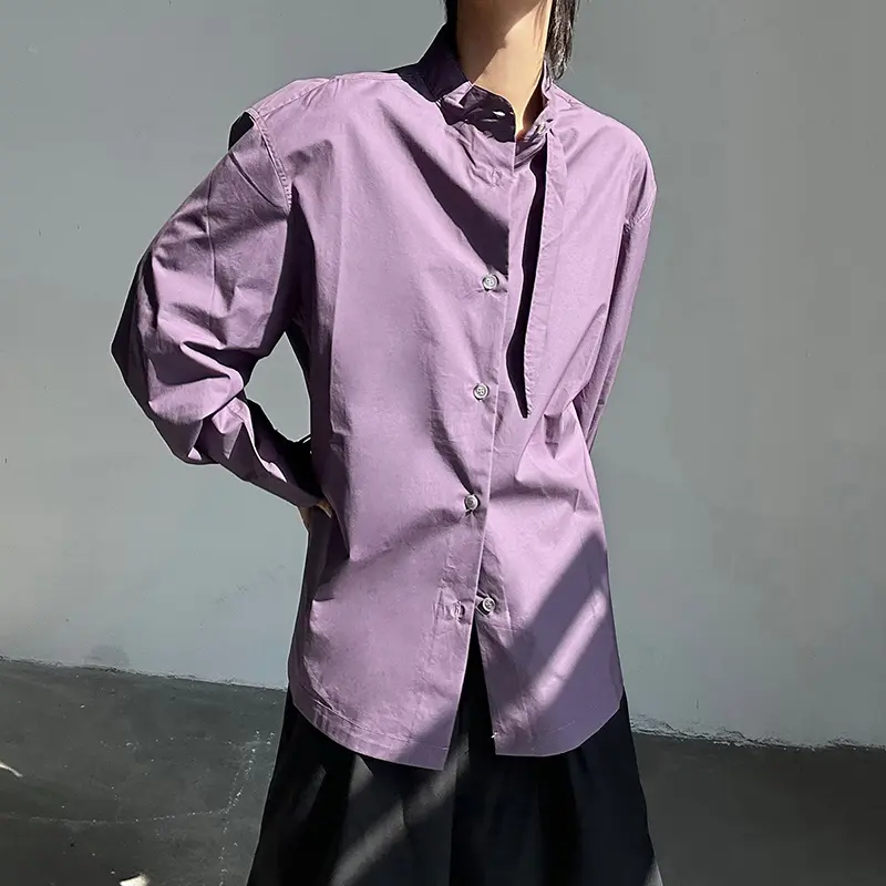 IEFB Fashion Men's Shirt Stand Collar Solid Color Ribbon Design Single Breasted Long Sleeve Loose Male Sun-proof Clothing 9W2952