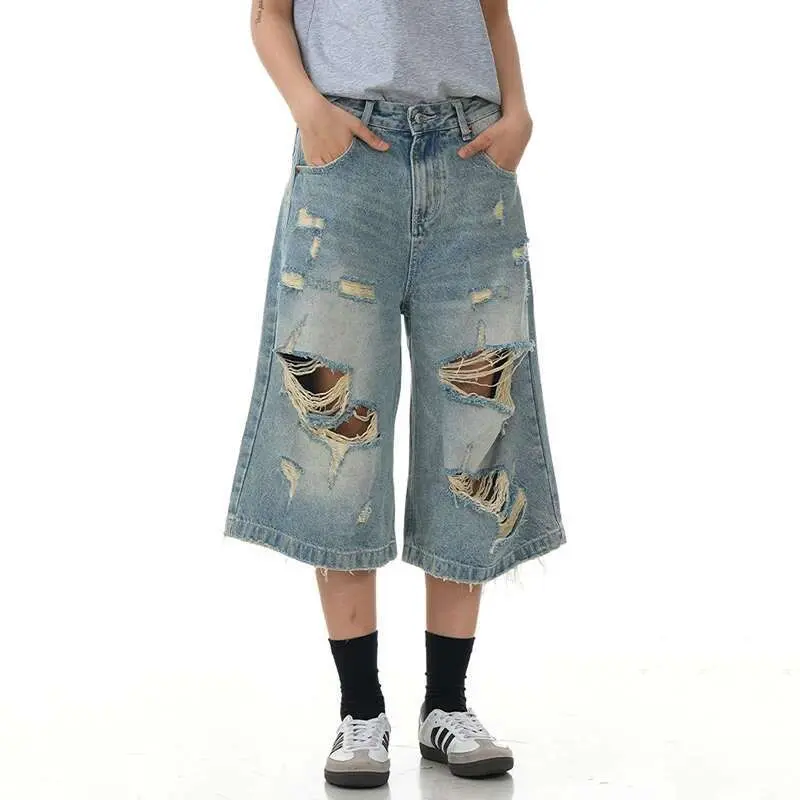 IEFB High Street Men's Denim Shorts Holes Design Solid Color Washing Bottom Straight Wide Leg Loose Male Jeans Summer 9W2255