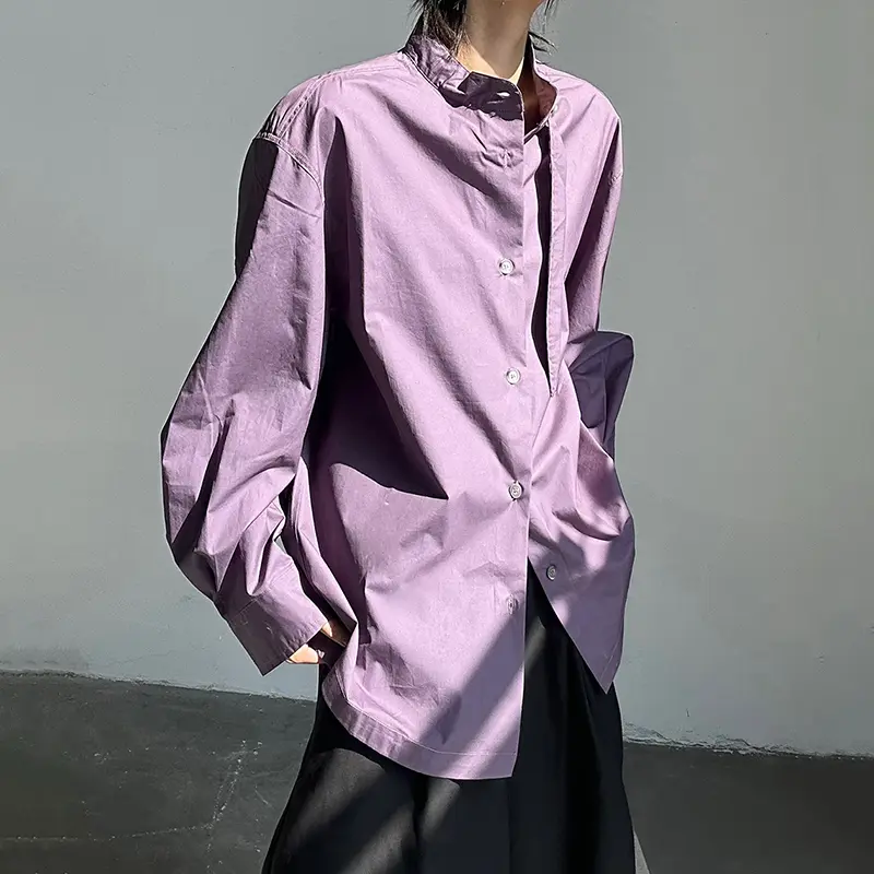 IEFB Fashion Men's Shirt Stand Collar Solid Color Ribbon Design Single Breasted Long Sleeve Loose Male Sun-proof Clothing 9W2952