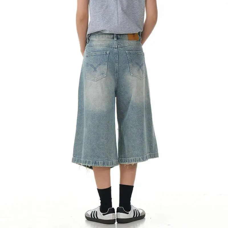 IEFB High Street Men's Denim Shorts Holes Design Solid Color Washing Bottom Straight Wide Leg Loose Male Jeans Summer 9W2255