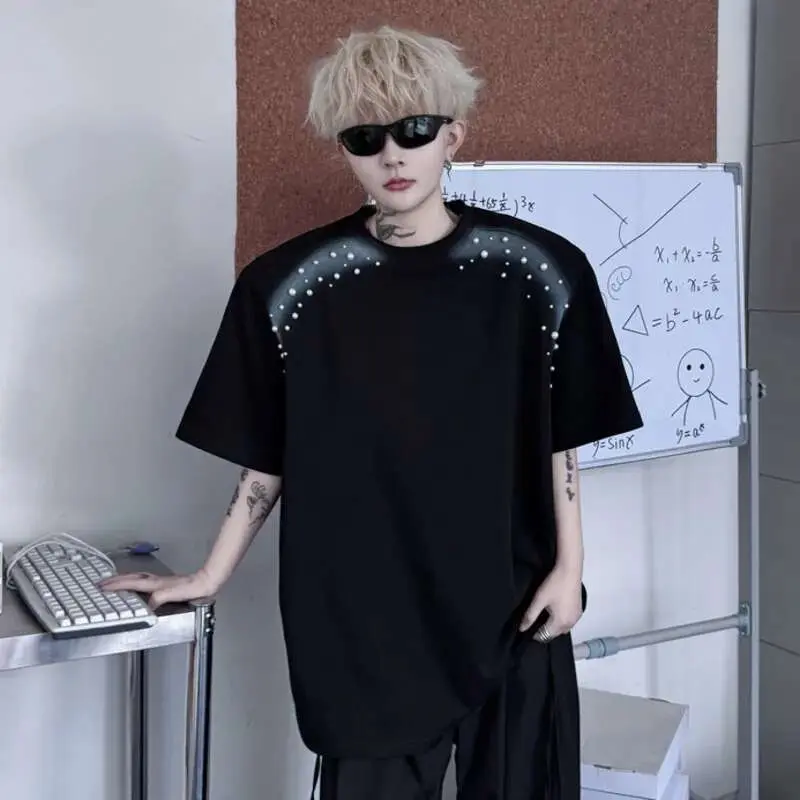 IEFB Summer New T-shirts Spray Painted Nail Bead Decoration Loose Round Neck Men's Short Sleeve T-shirt Patchwork Tees 9W1497