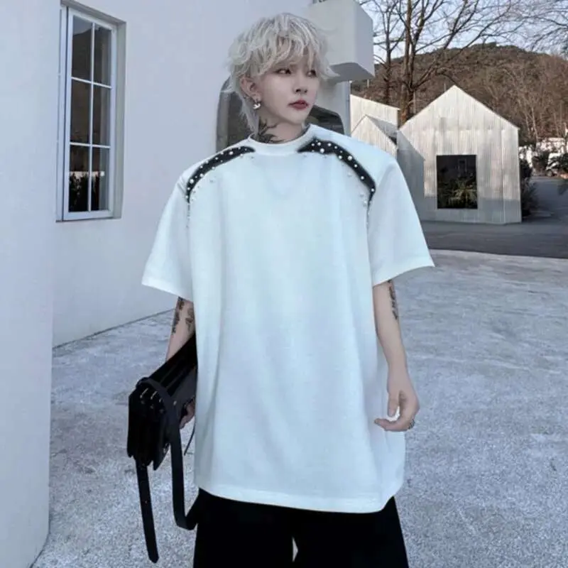 IEFB Summer New T-shirts Spray Painted Nail Bead Decoration Loose Round Neck Men's Short Sleeve T-shirt Patchwork Tees 9W1497