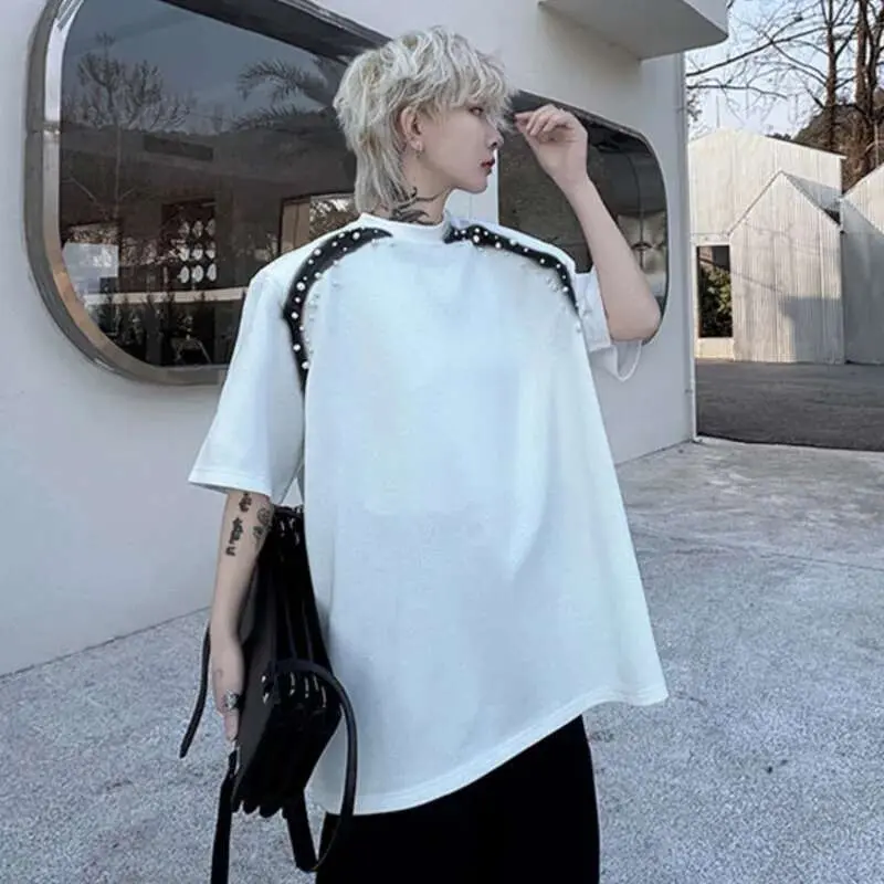 IEFB Summer New T-shirts Spray Painted Nail Bead Decoration Loose Round Neck Men's Short Sleeve T-shirt Patchwork Tees 9W1497