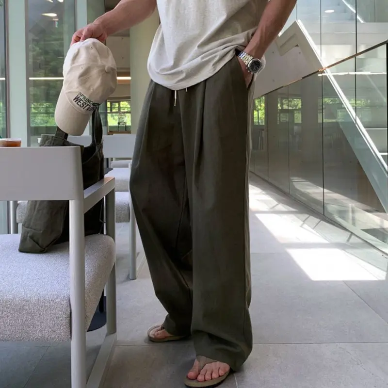 IEFB Korean Style Men's Casual Pants Solid Color Drawstring Pleated Trousers Elastic Waist Straight Wide Leg Male Bottom 9W2512