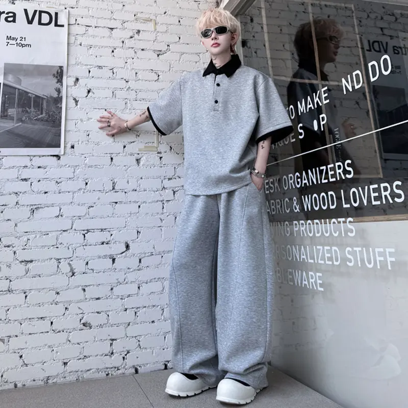IEFB Men's Two-piece Contrast Color Lapel Short Sleeved T-shirts Drawstring Straight Elastic Waist Male Pants Stylish 9W2310