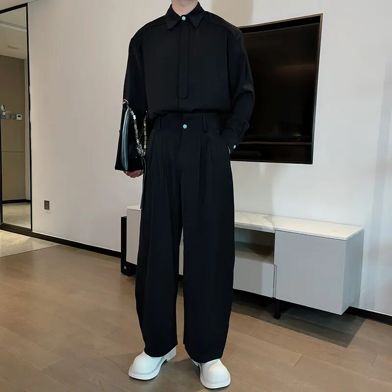 IEFB Dark Men's Suits Long Sleeved Shirts Turn-down Collar Single Breasted Pleated Design Male Casual Trousers Korean 9W3045