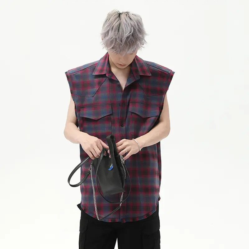 IEFB American Style Men's Tank Tops Plaid Design Turn-down Collar Sleeveless New Contrast Color Single Breasted Male Vest 9W2792