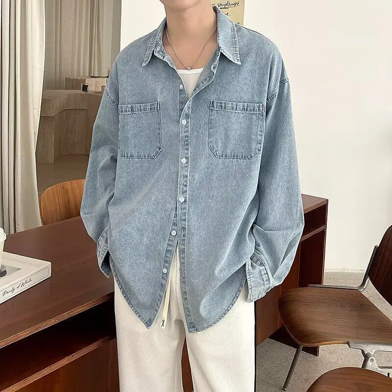 IEFB Summer Men's Denim Shirts Solid Color New Korean Tide Long Sleeved Casual Turn-down Collar Male Shirt Spring 2025 9W1215