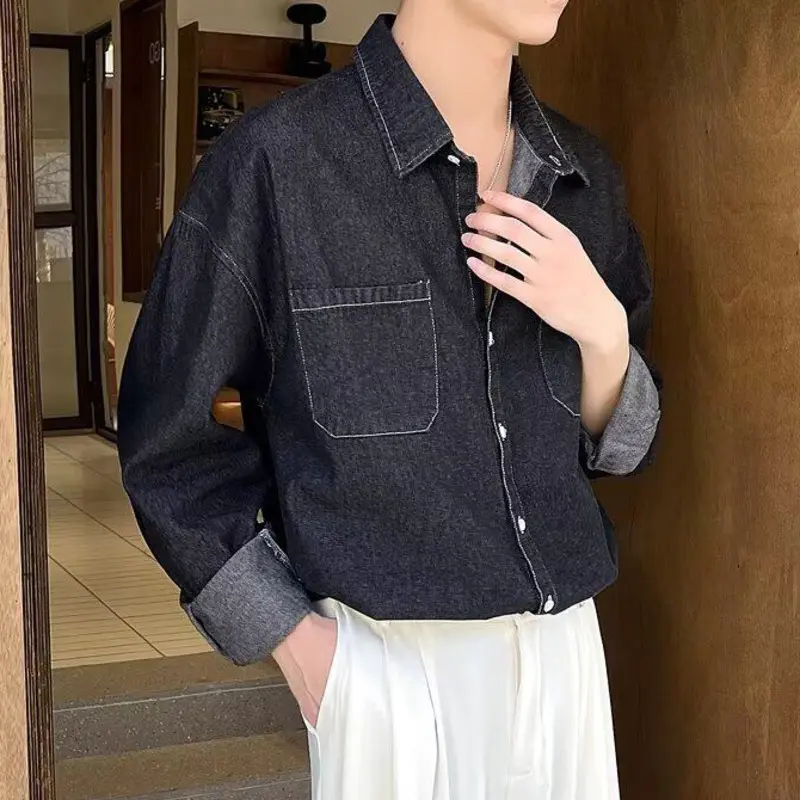 IEFB Summer Men's Denim Shirts Solid Color New Korean Tide Long Sleeved Casual Turn-down Collar Male Shirt Spring 2025 9W1215