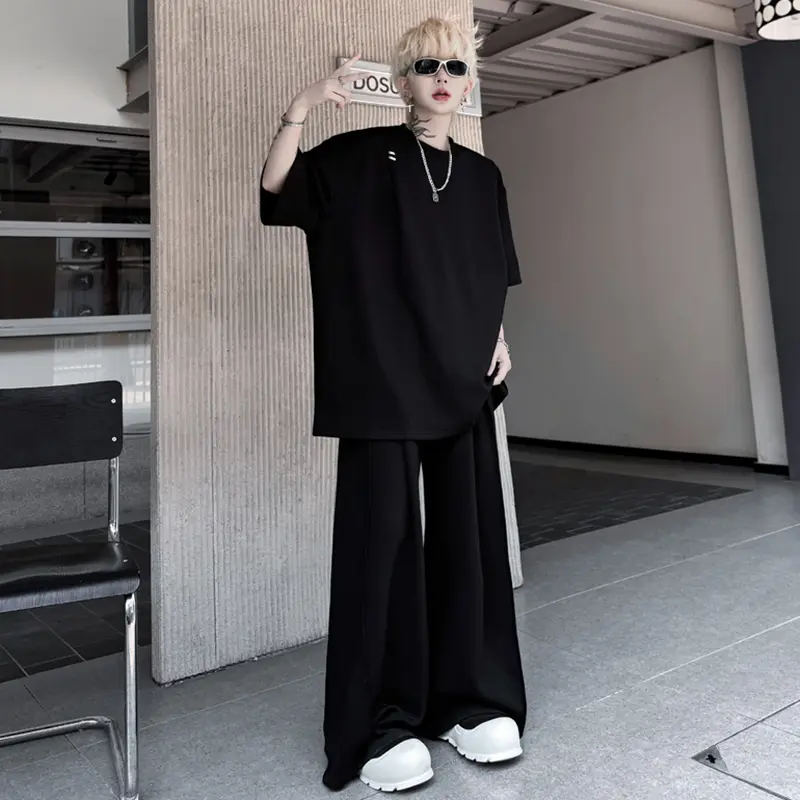 IEFB Men's Sets Round Neck Short Sleeved Loose Metal T-shirts Korean Style Solid Color Pleated Straight Leg Male Pants 9W2597