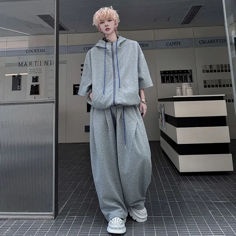 IEFB Men's Suits Hooded Drawstring Short Sleeved Zipper Contrast Color Sweatshirts Pleated Loose Male Casual Pants Tide 9W2302