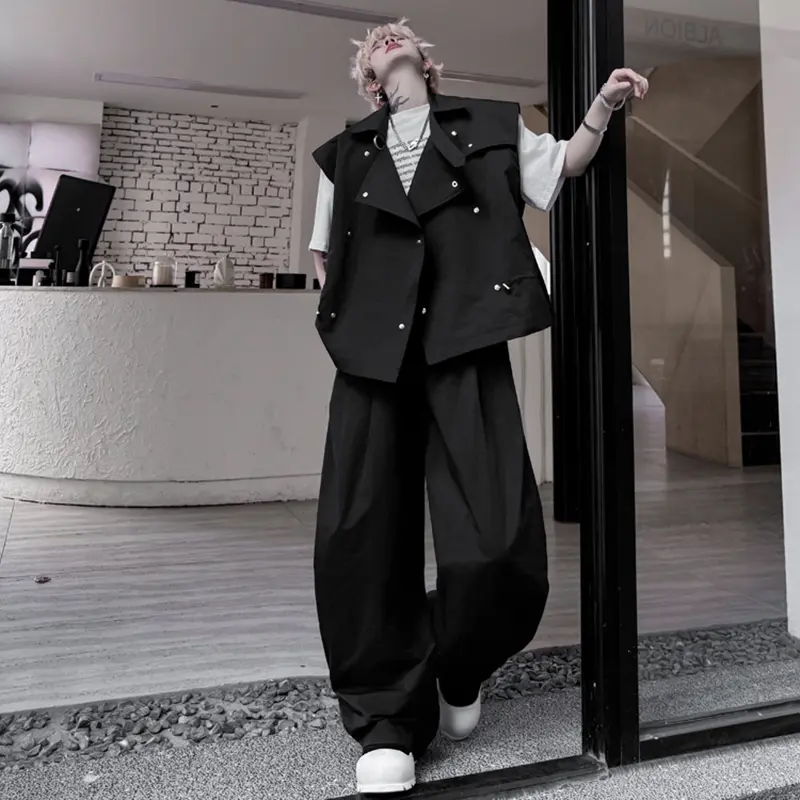 IEFB Turn-down Collar Men's Sets Turn-down Collar Drawstring Tank Tops Solid Color Menswear Straight Wide Leg Male Pants 9W2312