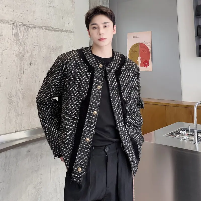 IEFB Niche Design Men's Short Coat Round Collar Patchwork Contrast Color Fashion Single Breasted Short Loose Male Jackets 9W4337