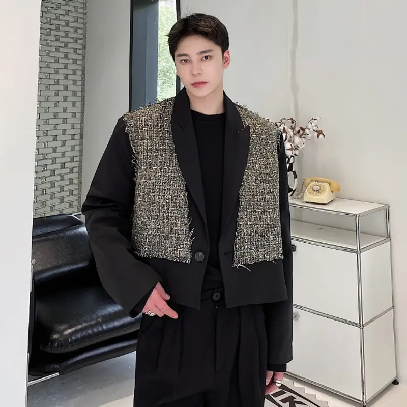 IEFB Korean Style Men's Jackets Lapel Patchwork Contrast Color Tide Menswear Loose Single Button Male Short Coats Autumn 9W4336