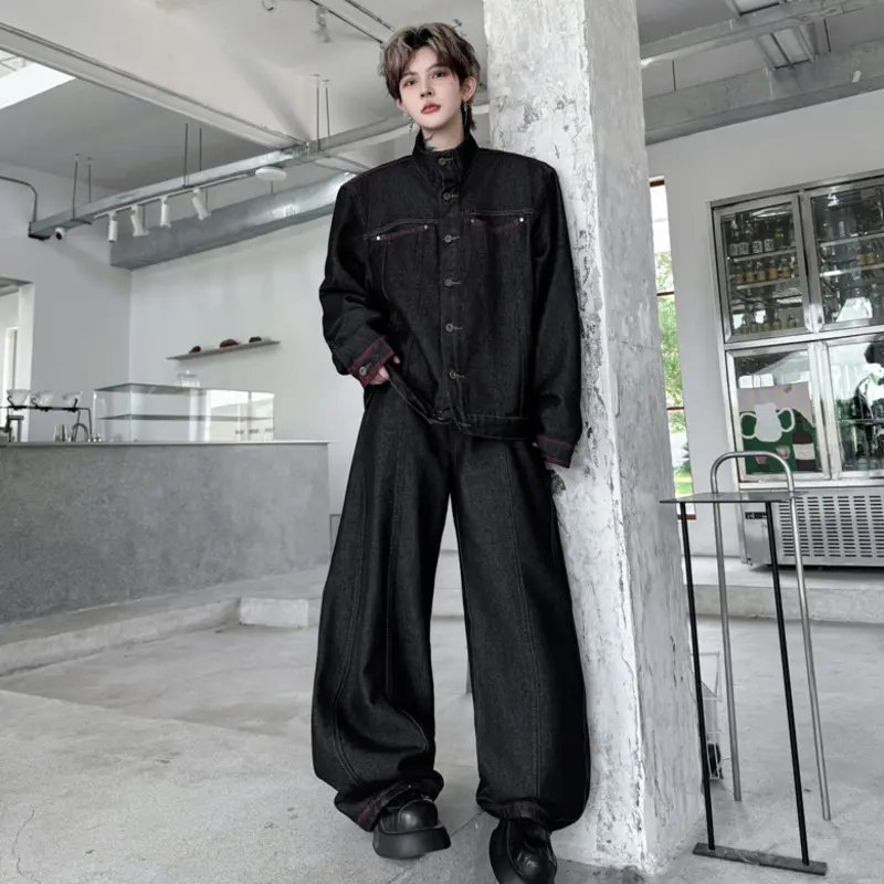 IEFB Dark Style Men's Suits Stand Collar Solid Color Single Brasted Denim Line Design Jackets Wide Leg Curved-knife Jeans 9W4345