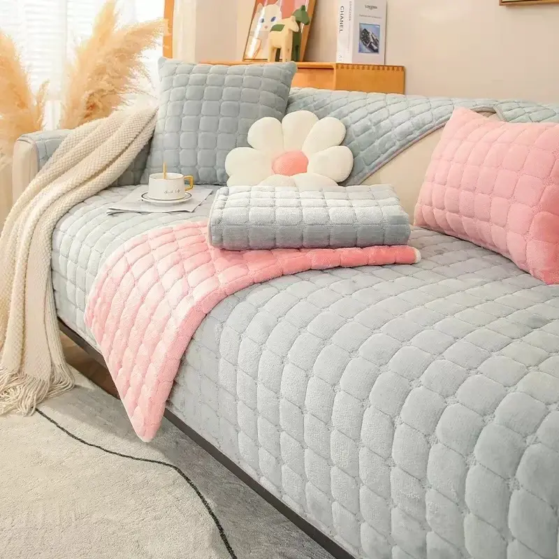 Solid Color Plaid Plush Sofa Cover Warm Universal L-shaped Corner Thickening Sofas Cover Nonslip Living Room Soft Couch Cushion