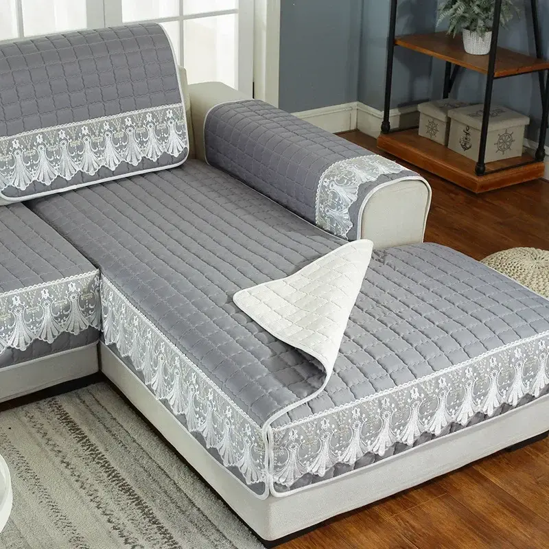 Candy Color Sofa Cover Quilted Thicken Cushion White Lace Embroidery Couch Sofa Towel Slipcover Living Room Furniture Protector