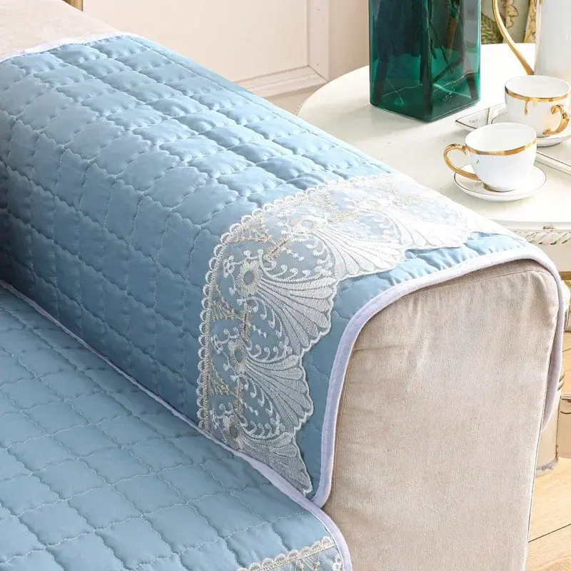 Candy Color Sofa Cover Quilted Thicken Cushion White Lace Embroidery Couch Sofa Towel Slipcover Living Room Furniture Protector