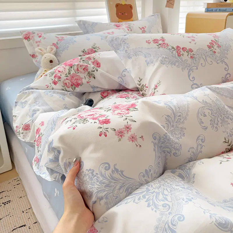 Floral Style Bed Sheet Set Soft Bedding Girls Room Bedclothes Home Duvet Cover Pillowcase and Flat Bedsheet juego de cama